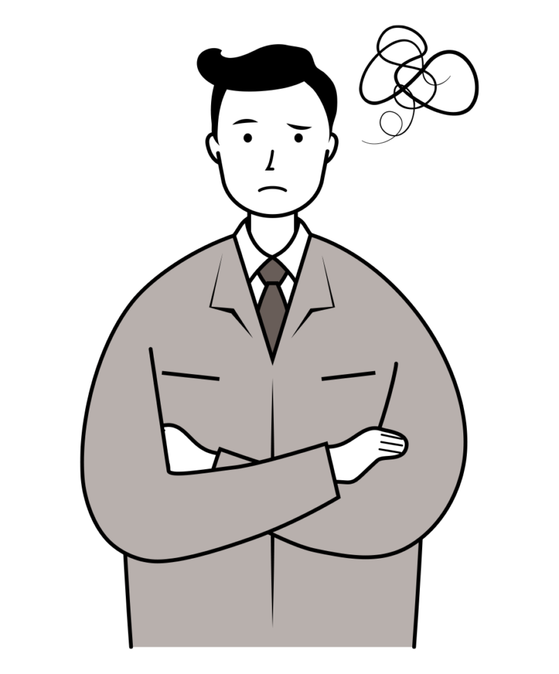 腕を組んで悩んでる建設現場作業員のイラスト-01-03