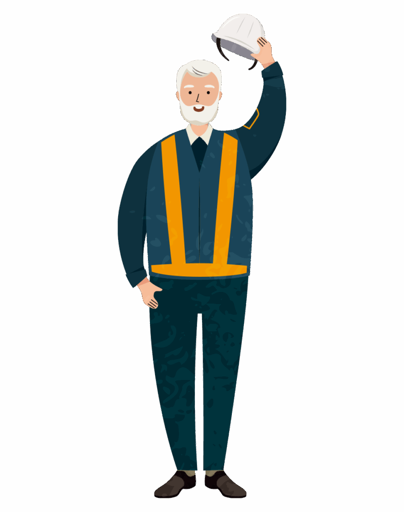 笑顔で挨拶をする年配者の交通誘導員のイラスト（服装色違い）