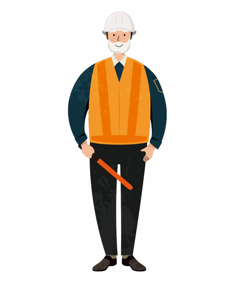 誘導棒を持った年配者の交通誘導員のイラスト