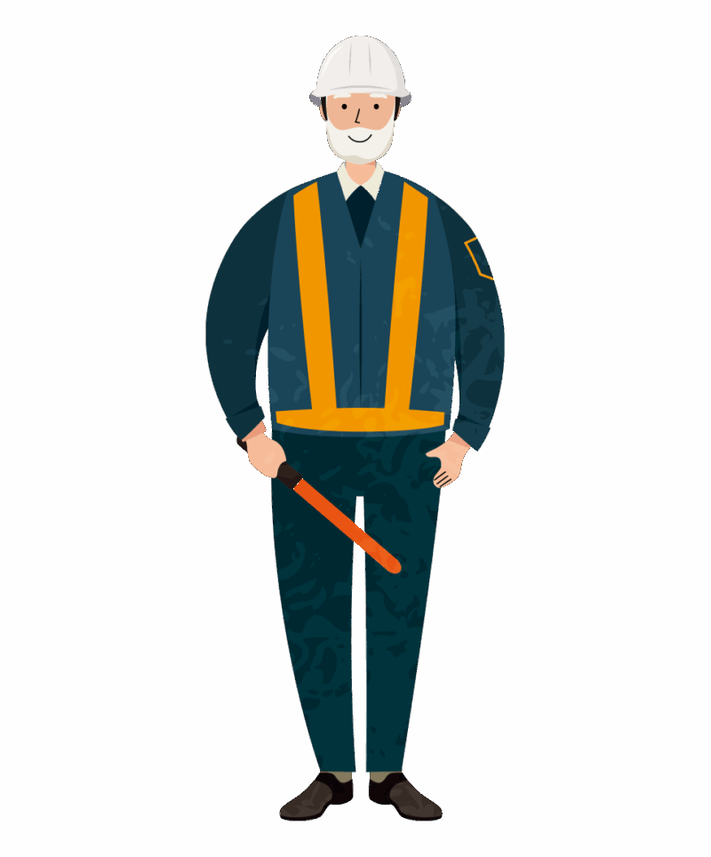 誘導棒を持った年配者の交通誘導員のイラスト（服装色違い）