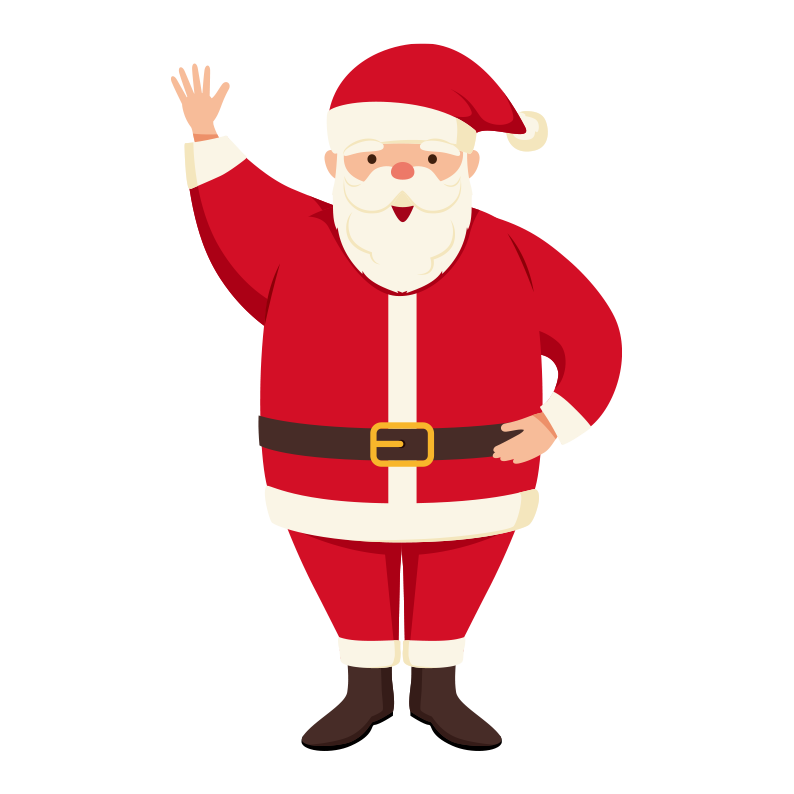 足を閉じで右手を上げているサンタクロースのイラスト