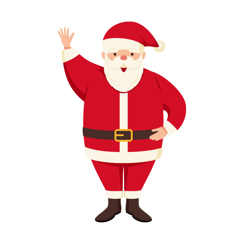 足を閉じで右手を上げているサンタクロースのイラスト