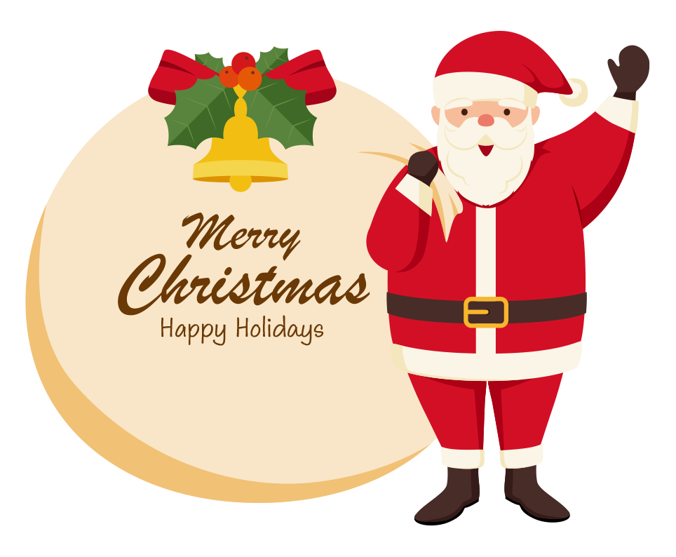 大きなプレゼントの袋を抱えた笑顔のサンタクロースのイラスト