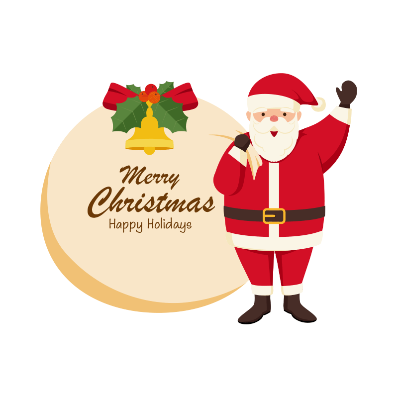 大きなプレゼントの袋を抱えた笑顔のサンタクロースのイラスト