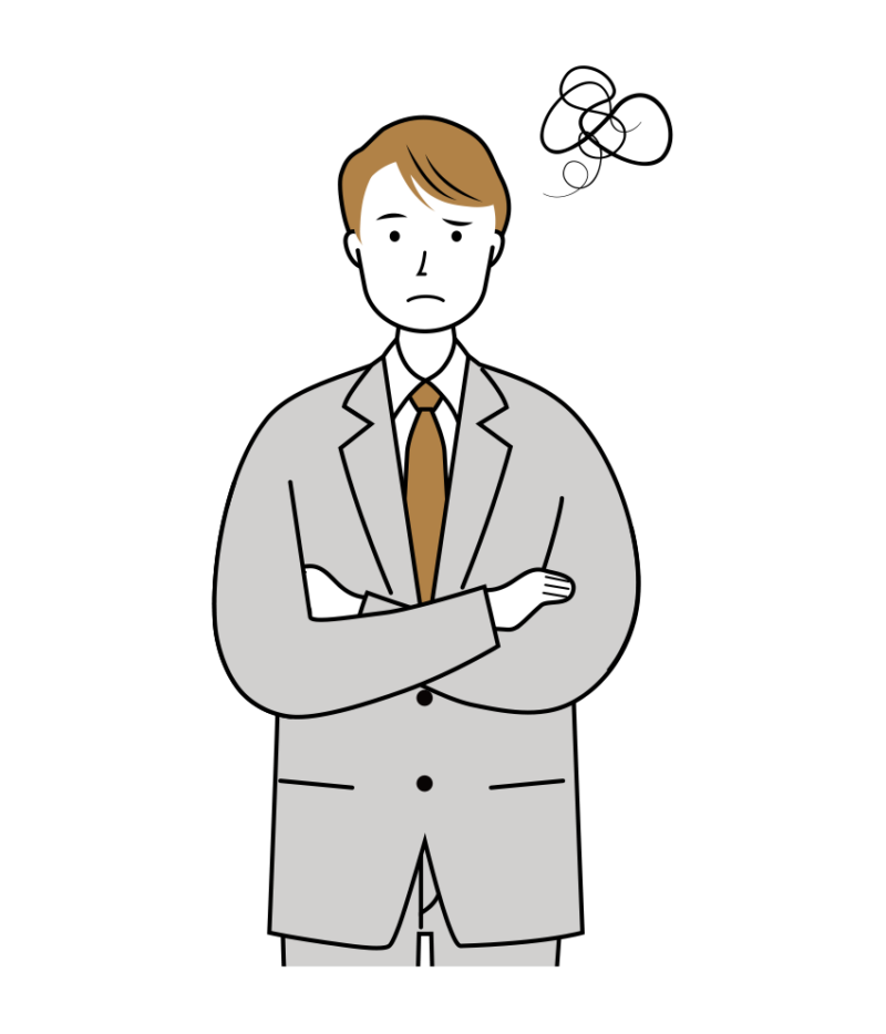 腕組みをして悩むビジネス男性のイラスト-上半身