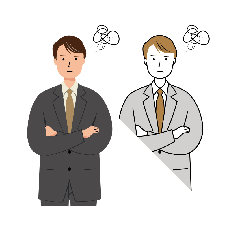 腕組みをして悩むビジネス男性のイラスト-上半身