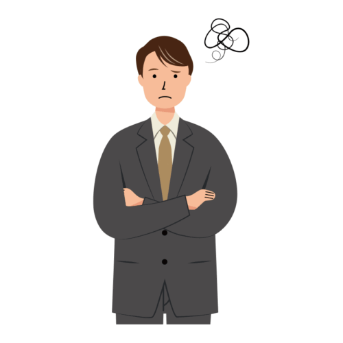 腕組みをして悩むビジネス男性のイラスト-上半身