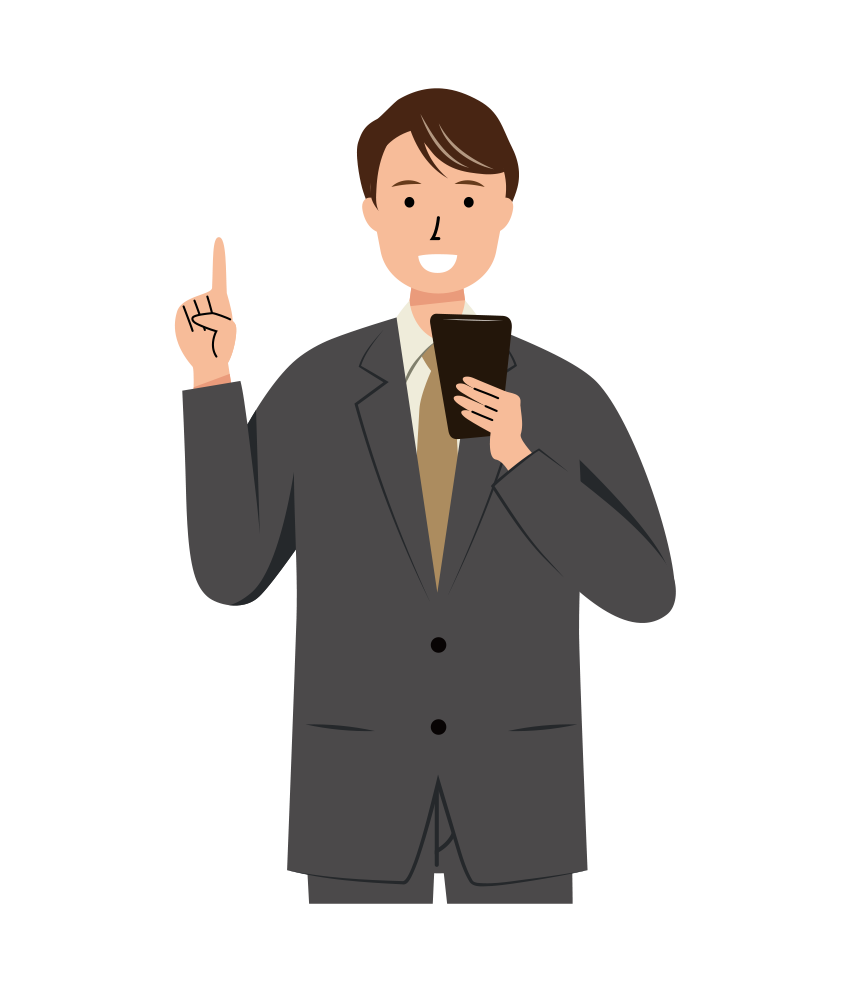 スマホで手続きをする笑顔のビジネス男性のイラスト-上半身