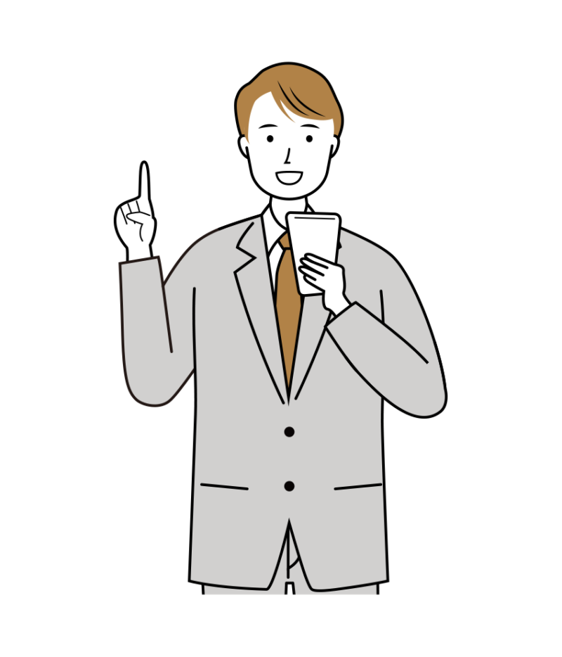 スマホで手続きをする笑顔のビジネス男性のイラスト-上半身