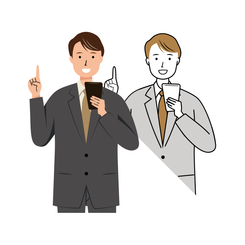 スマホで手続きをする笑顔のビジネス男性のイラスト-上半身