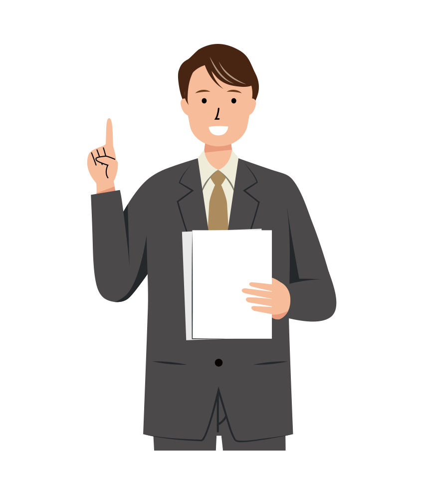 資料を読み上げる笑顔のビジネス男性のイラスト-上半身