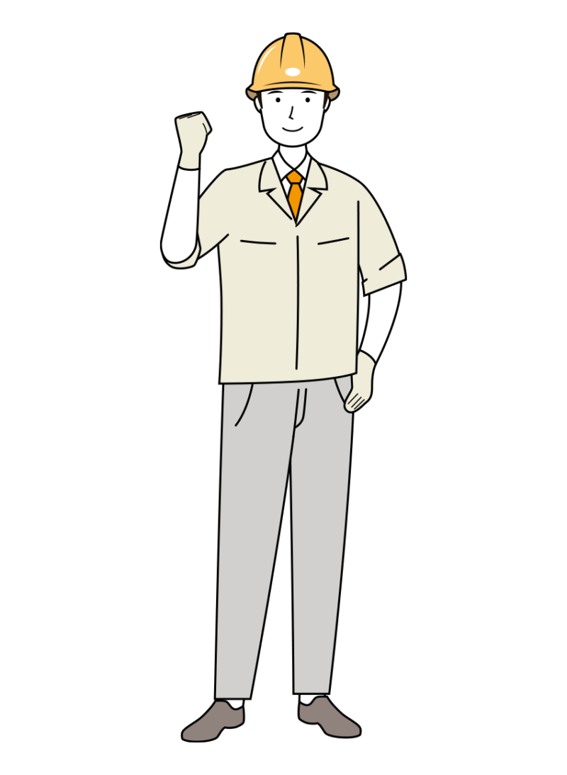 ガッツポーズをする安全ヘルメット着用の現場作業員のイラスト-線画