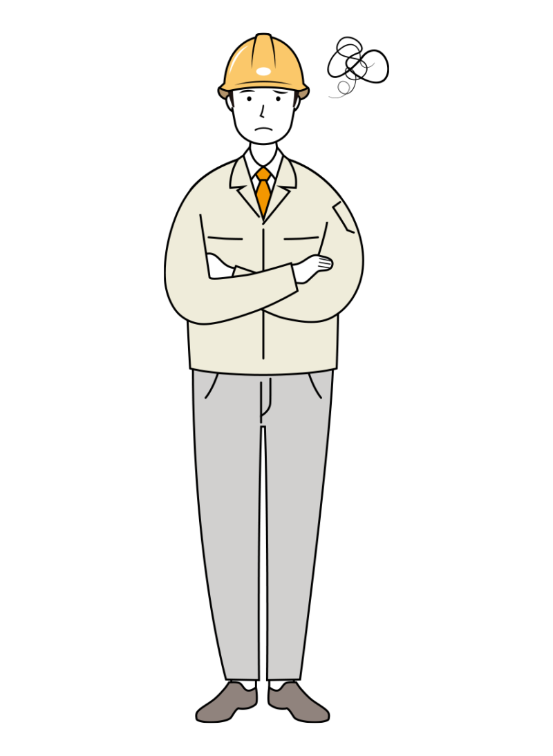 困った表情の安全ヘルメット着用の現場作業員のイラスト-線画