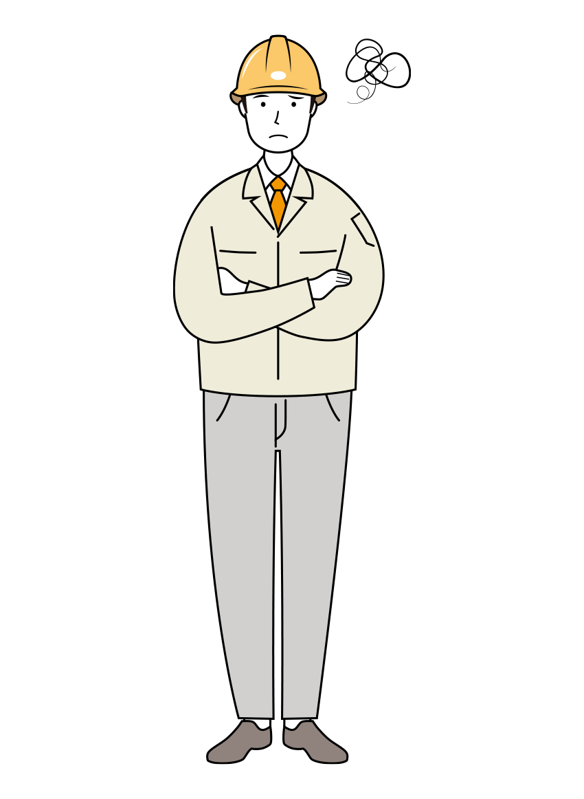 困った表情の安全ヘルメット着用の現場作業員のイラスト-線画