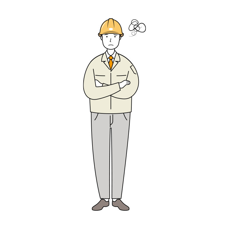 困った表情の安全ヘルメット着用の現場作業員のイラスト-線画