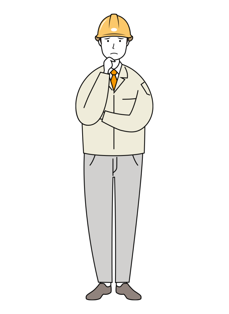 考え事をする安全ヘルメット着用の現場作業員のイラスト-線画