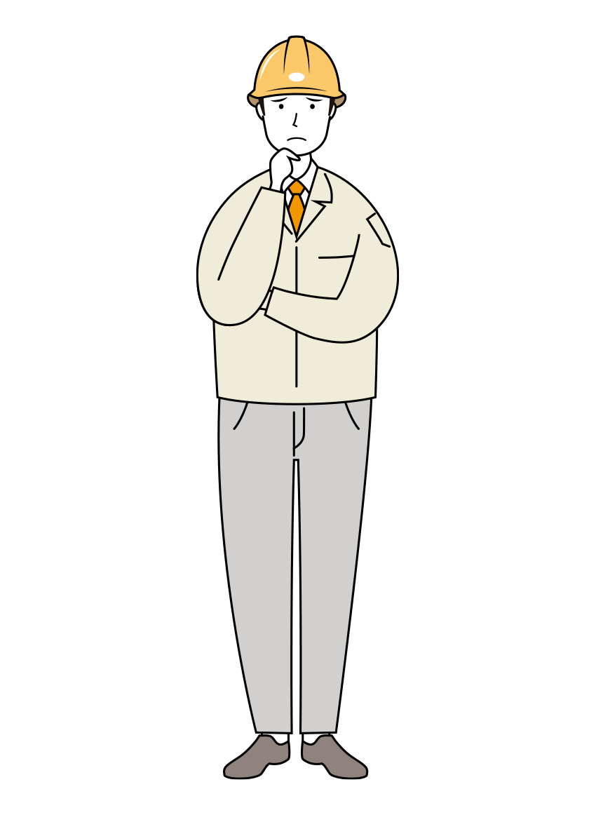 考え事をする安全ヘルメット着用の現場作業員のイラスト-線画