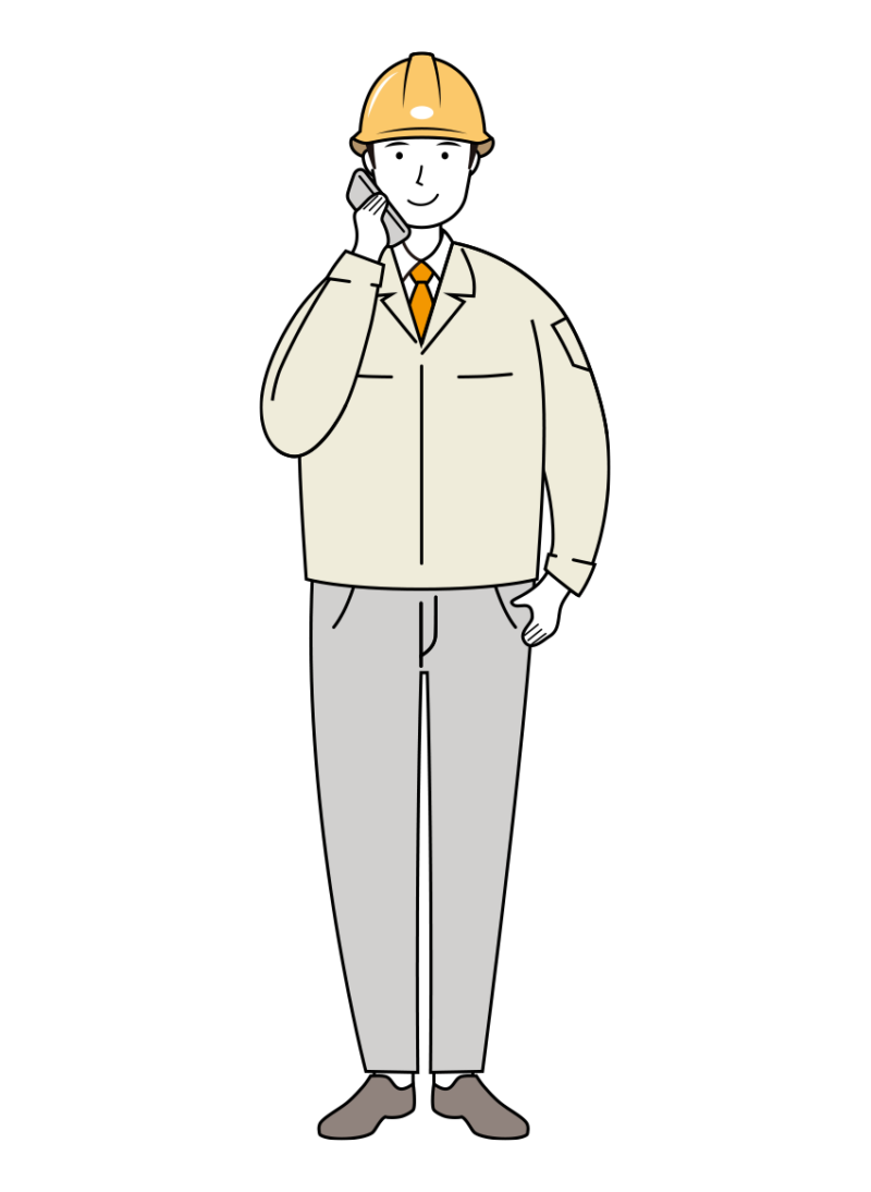 電話対応する安全ヘルメット着用の現場作業員のイラスト-線画