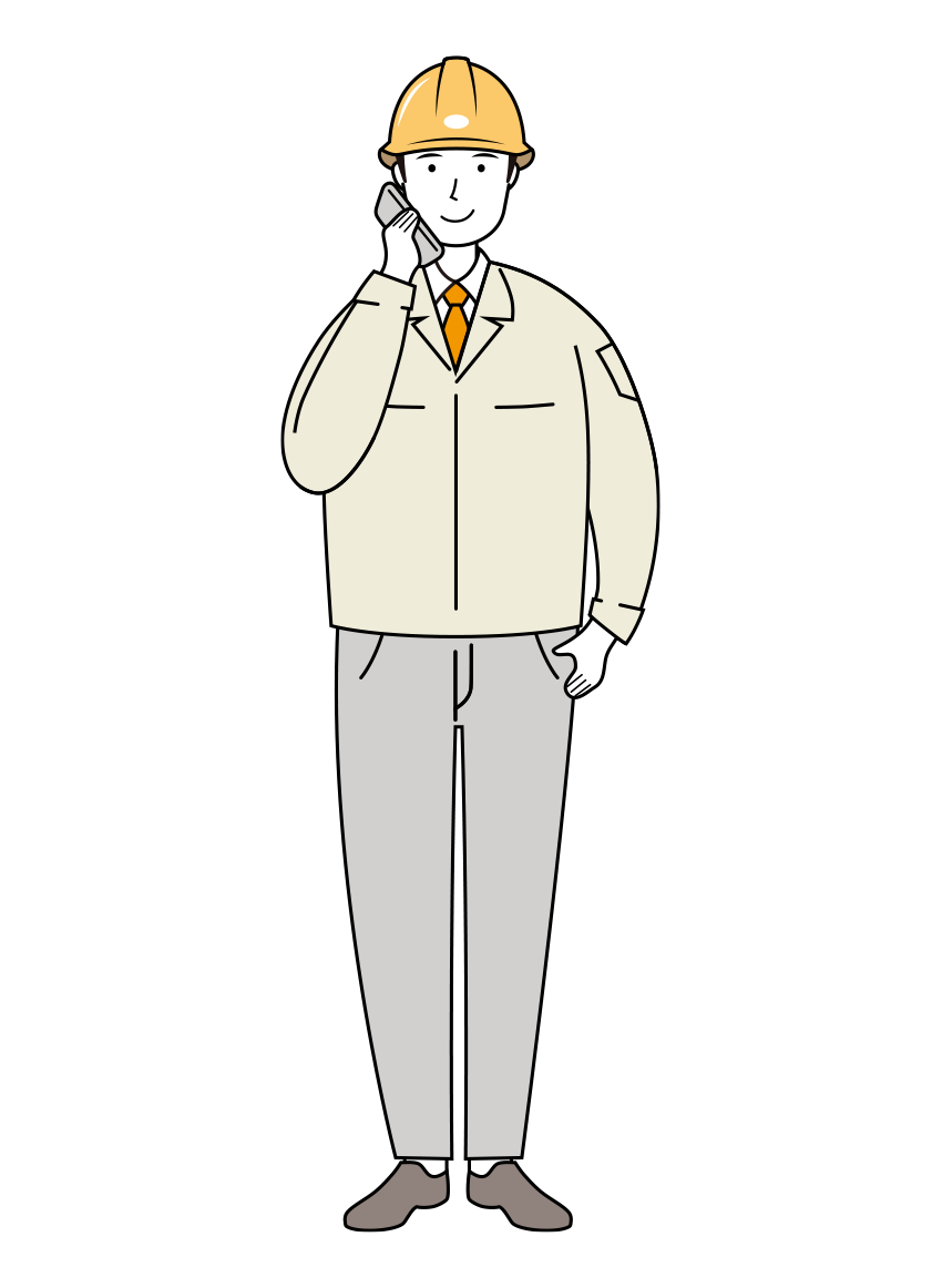 電話対応する安全ヘルメット着用の現場作業員のイラスト-線画