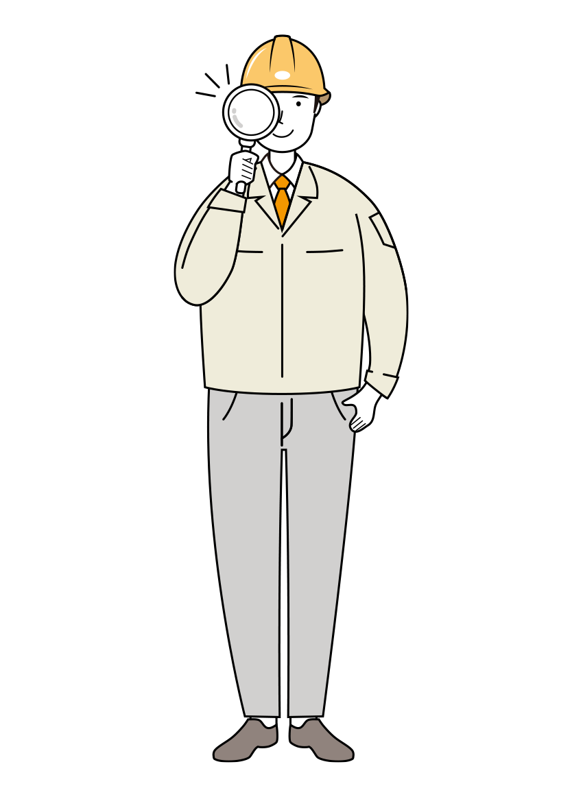 細かくチェックをする安全ヘルメット着用の現場作業員のイラスト-線画