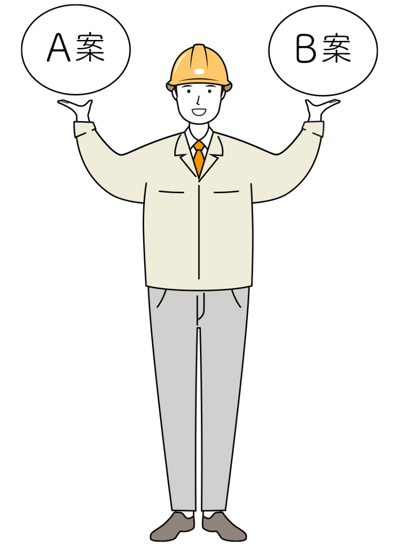 作業提案をする安全ヘルメット着用の現場作業員のイラスト-線画