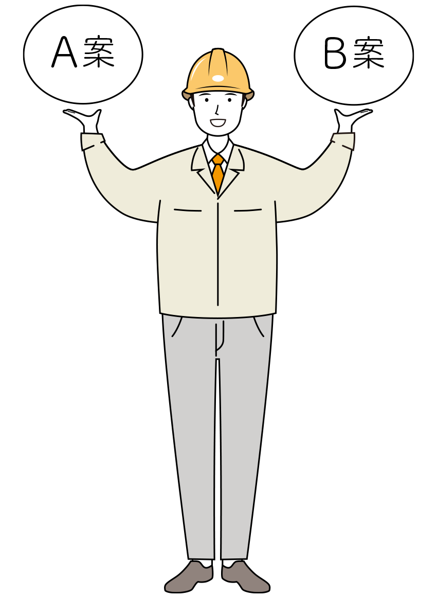 作業提案をする安全ヘルメット着用の現場作業員のイラスト-線画