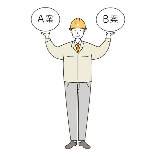 作業提案をする安全ヘルメット着用の現場作業員のイラスト-線画