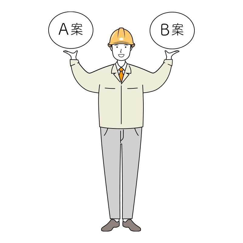作業提案をする安全ヘルメット着用の現場作業員のイラスト-線画