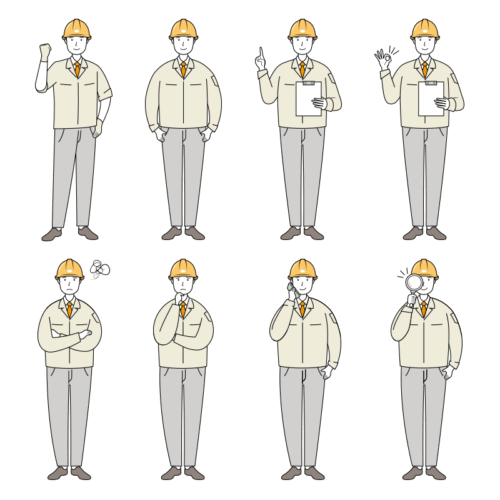 安全ヘルメット着用の現場作業員のイラスト-セット線画