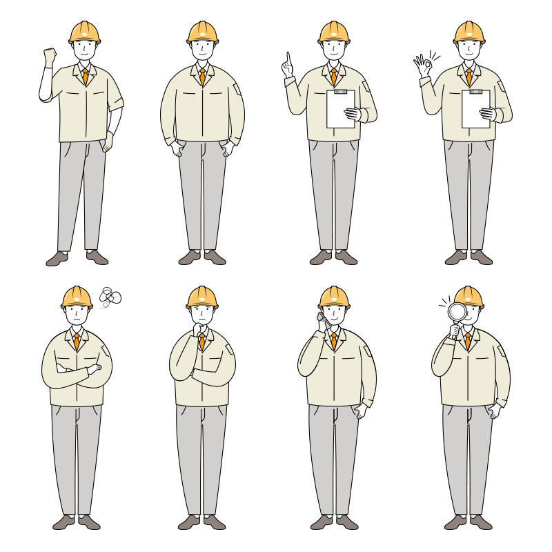 安全ヘルメット着用の現場作業員のイラスト-セット線画