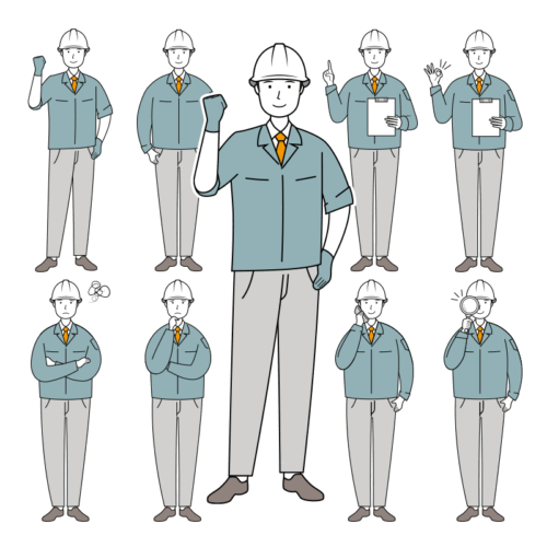 安全ヘルメット着用の現場作業員のイラスト-セット線画02