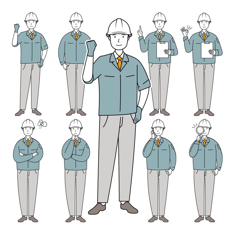 安全ヘルメット着用の現場作業員のイラスト-セット線画02