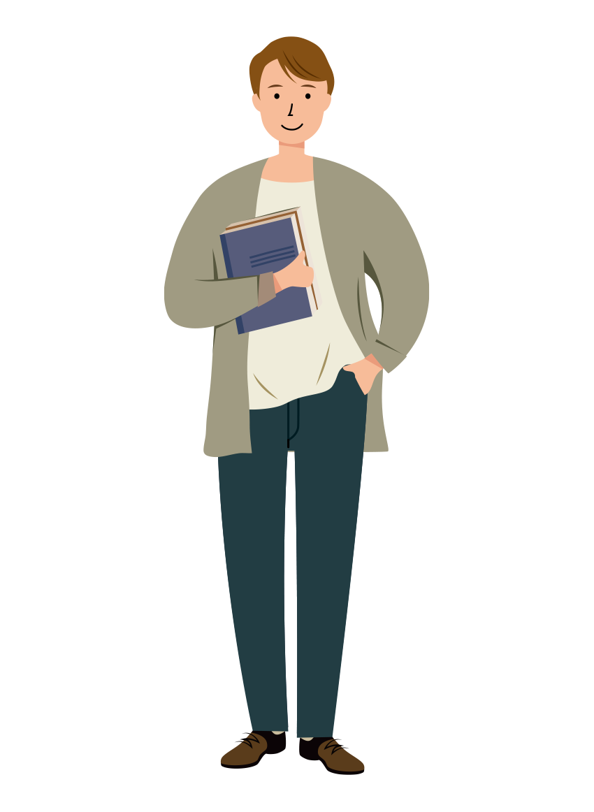 本屋や資料を片手に持っている男性のイラスト
