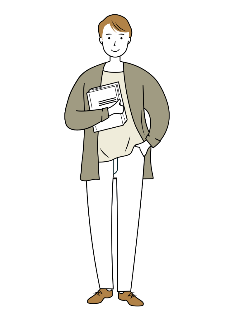 本屋や資料を片手に持っている男性のイラスト