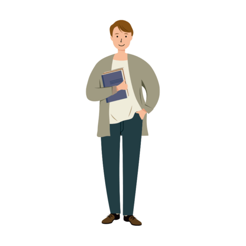 本屋や資料を片手に持っている男性のイラスト