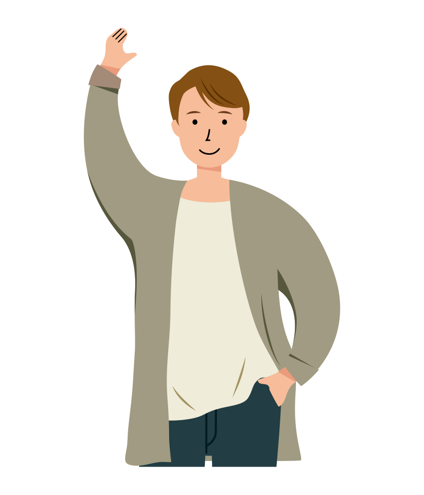 右手を上げて挨拶をする男性のイラスト-上半身