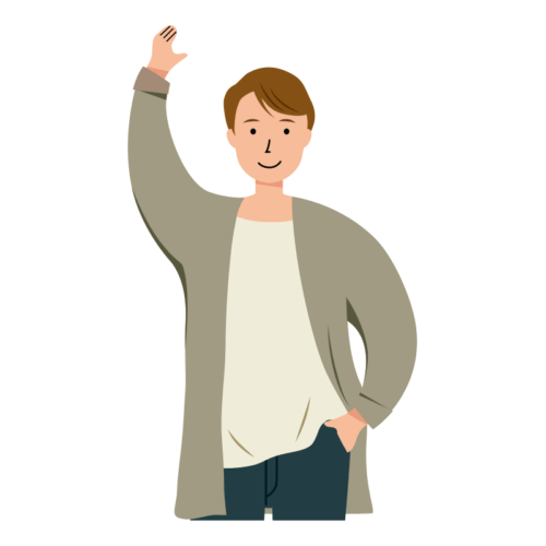 右手を上げて挨拶をする男性のイラスト-上半身