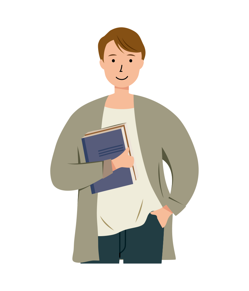 本屋や資料を片手に持っている男性のイラスト-上半身