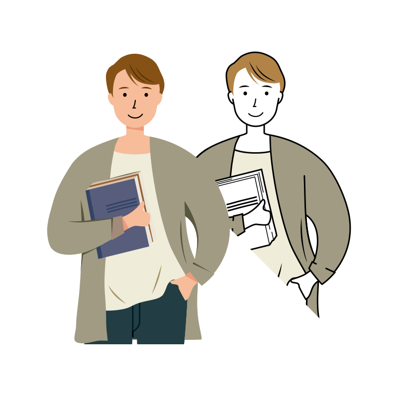 本屋や資料を片手に持っている男性のイラスト-上半身