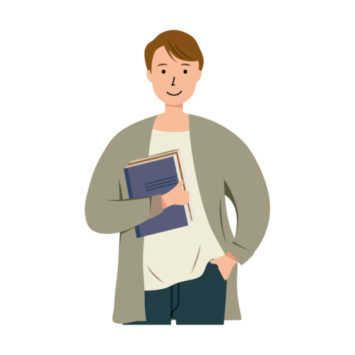 本屋や資料を片手に持っている男性のイラスト-上半身