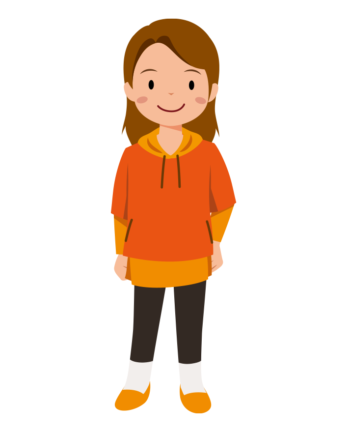 オレンジのパーカーを着て腰に手を当ててるかわいい女の子のイラスト