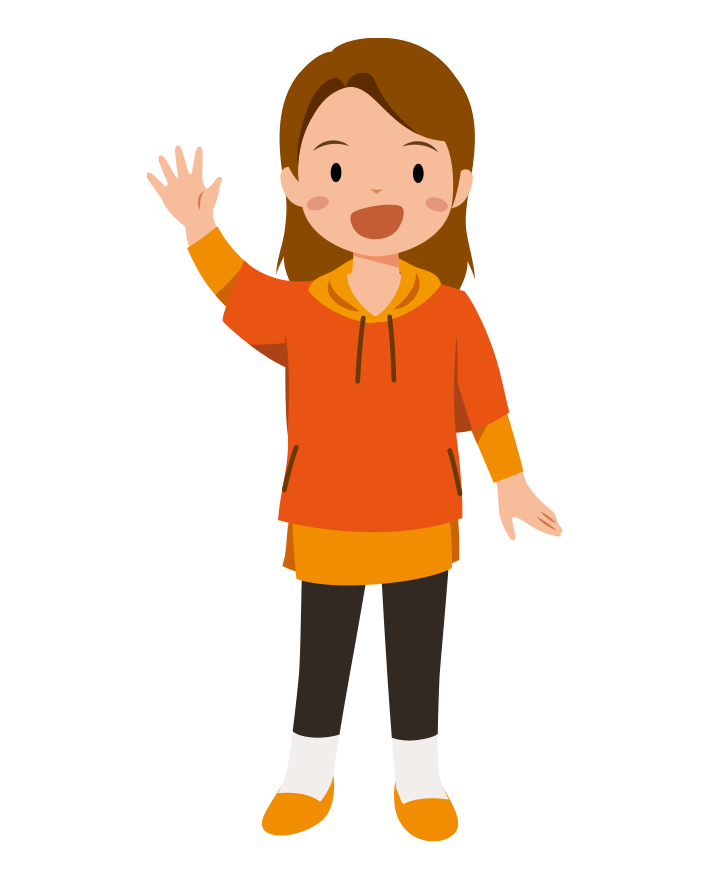 オレンジ色のパーカーを着て元気に手を振る女の子のイラスト