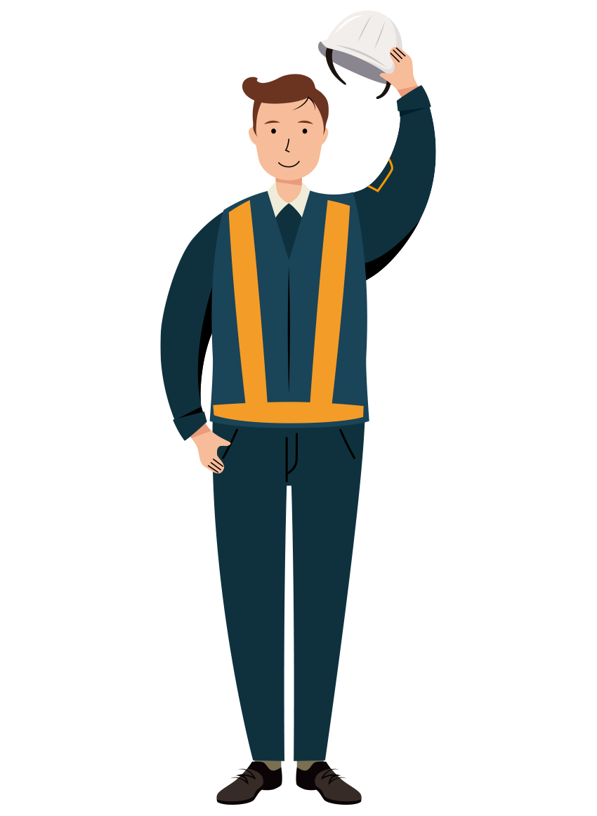 ヘルメットを取り挨拶をする紺色制服の男性交通誘導員のイラスト
