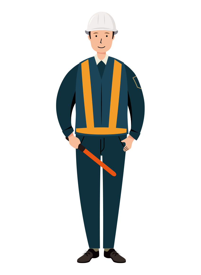 誘導棒を持った紺色の制服姿の男性交通誘導員のイラスト