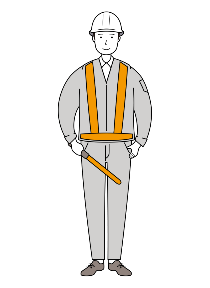 誘導棒を持った紺色の制服姿の男性交通誘導員のイラスト