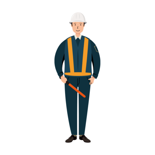 誘導棒を持った紺色の制服姿の男性交通誘導員のイラスト