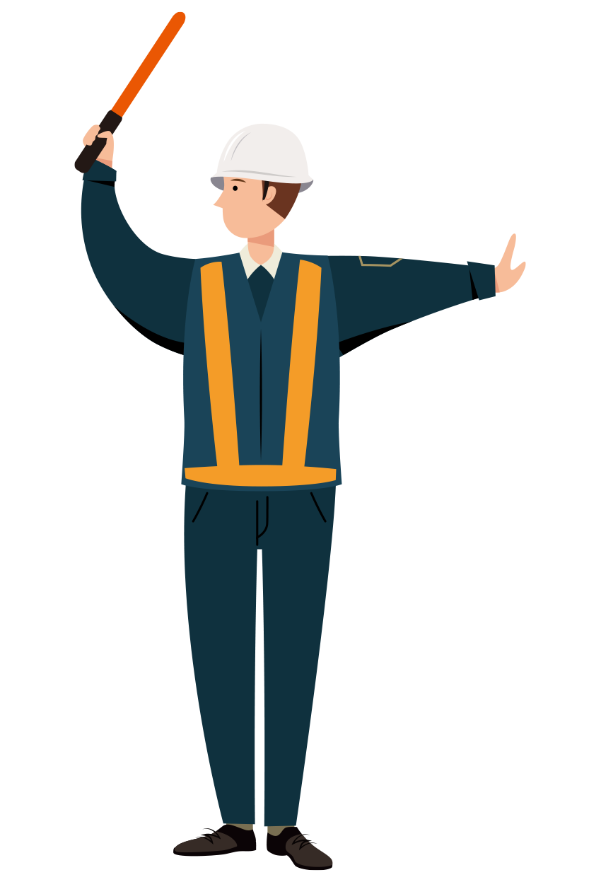 紺色の制服を着て交通整理をする男性交通誘導員のイラスト