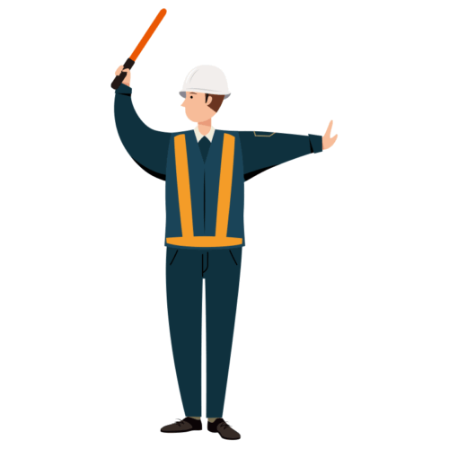 紺色の制服を着て交通整理をする男性交通誘導員のイラスト