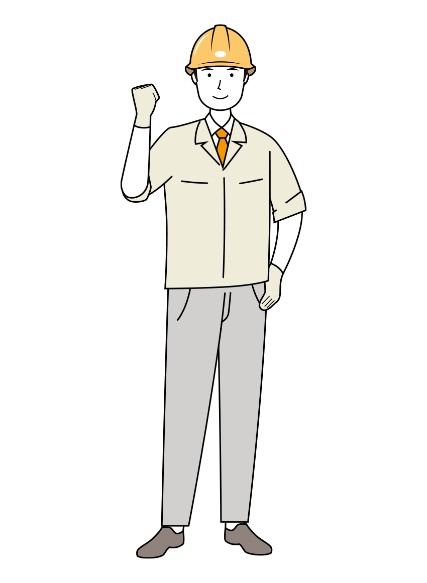 ガッツポーズをする安全ヘルメット着用の現場作業員のイラスト