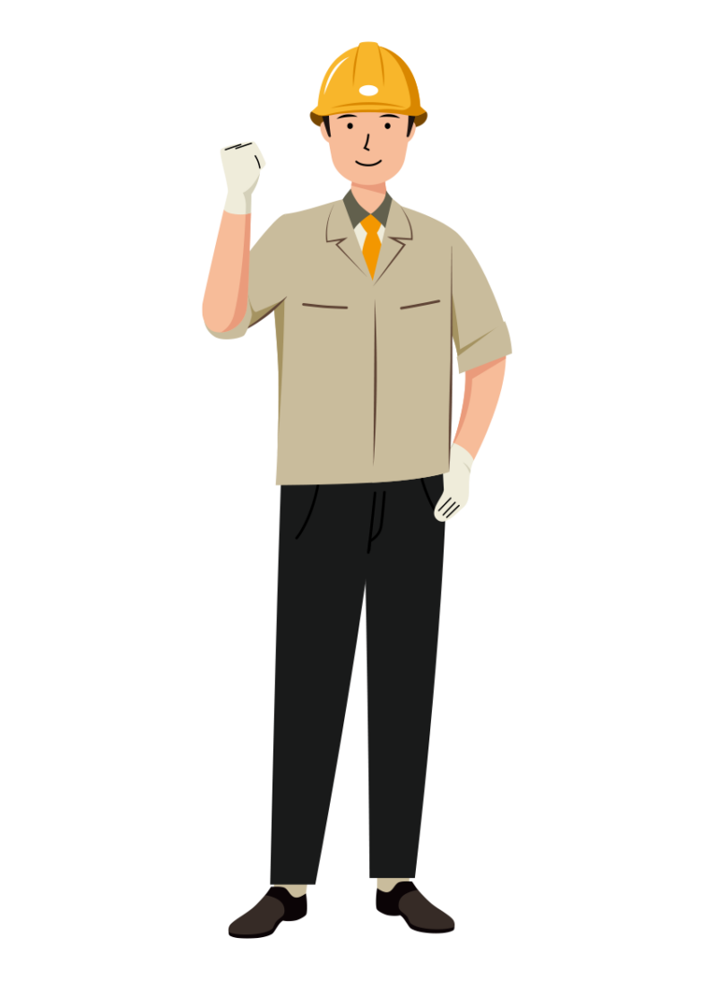 ガッツポーズをする安全ヘルメット着用の作業員のイラスト